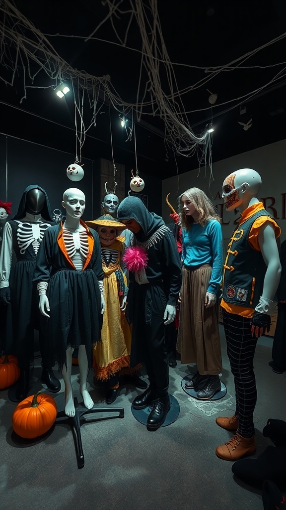 Display of Halloween costumes on mannequins with pumpkins and decorations.