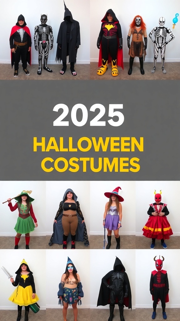 A collage of various Halloween costumes for 2025, showcasing superheroes, witches, and classic spooky figures.