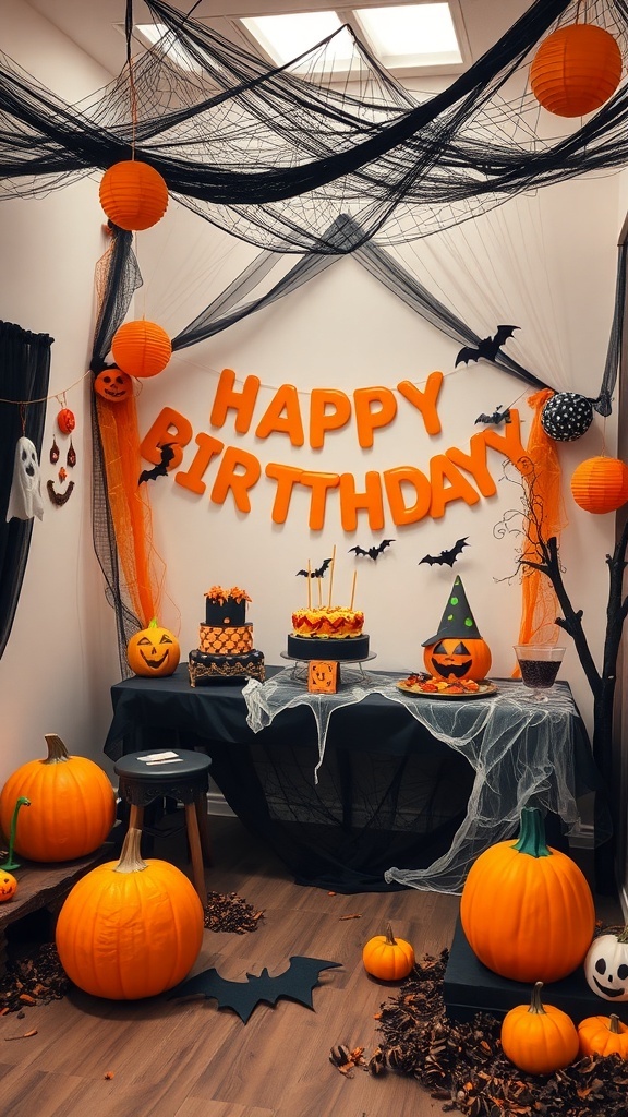 Halloween-themed birthday party decorations with pumpkins, a birthday banner, and spooky elements.
