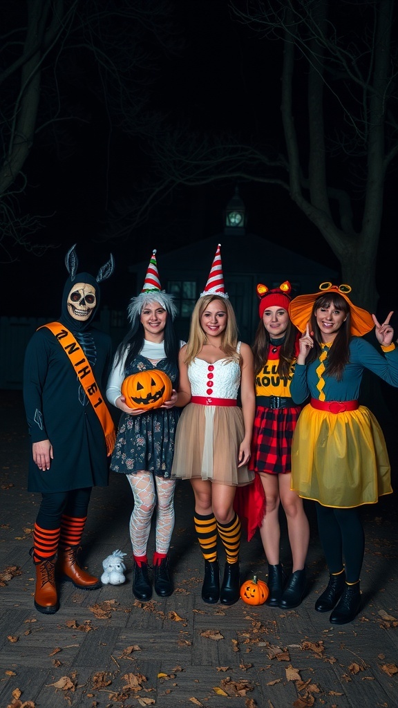 A group of seven friends in creative Halloween costumes, featuring a skeleton, a witch, a classic red and white dress, and more.