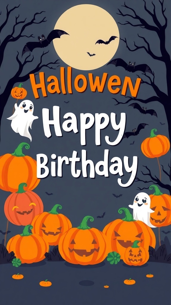 Colorful Halloween-themed birthday invitation with pumpkins, ghosts, and bats.