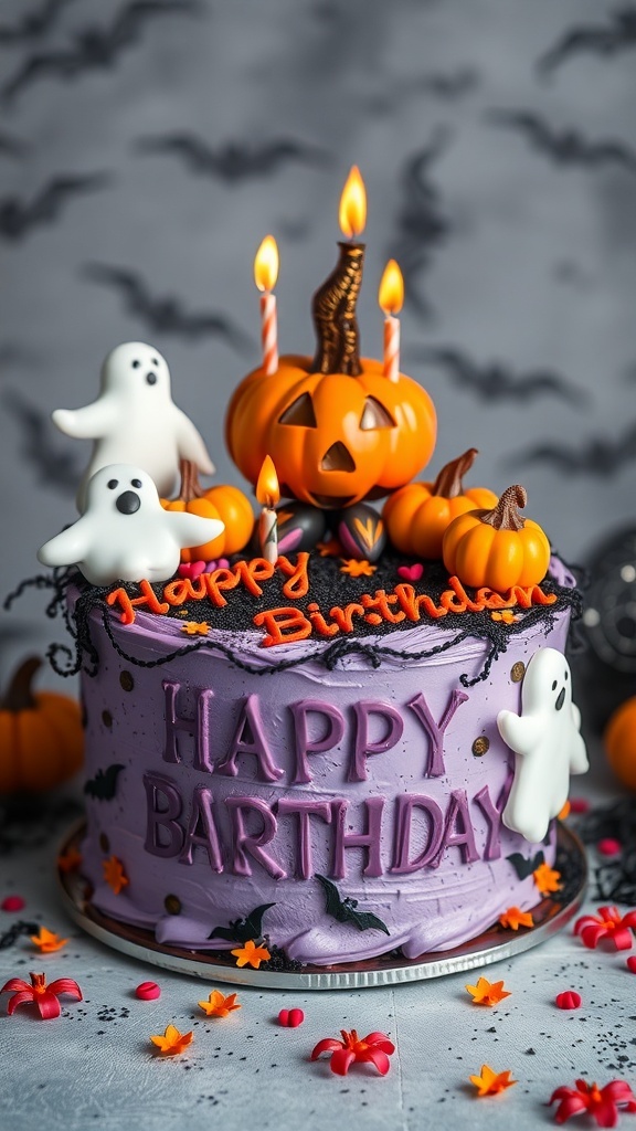 A spooky-themed birthday cake with purple frosting, ghost decorations, and a pumpkin on top.