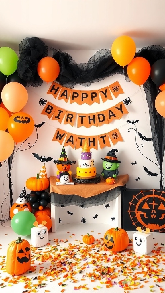 A colorful Halloween-themed birthday decoration featuring a cake, balloons, and pumpkins.