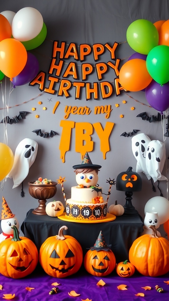 Colorful Halloween-themed birthday decorations for a boy's first birthday party, featuring balloons, a birthday cake, and pumpkins.