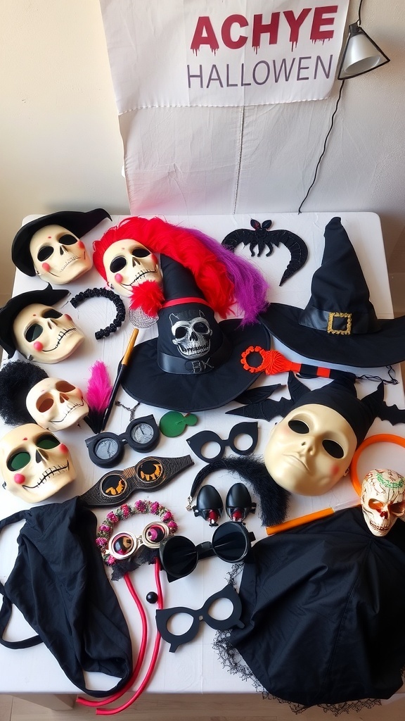 A variety of Halloween accessories including masks, hats, and glasses on a table.