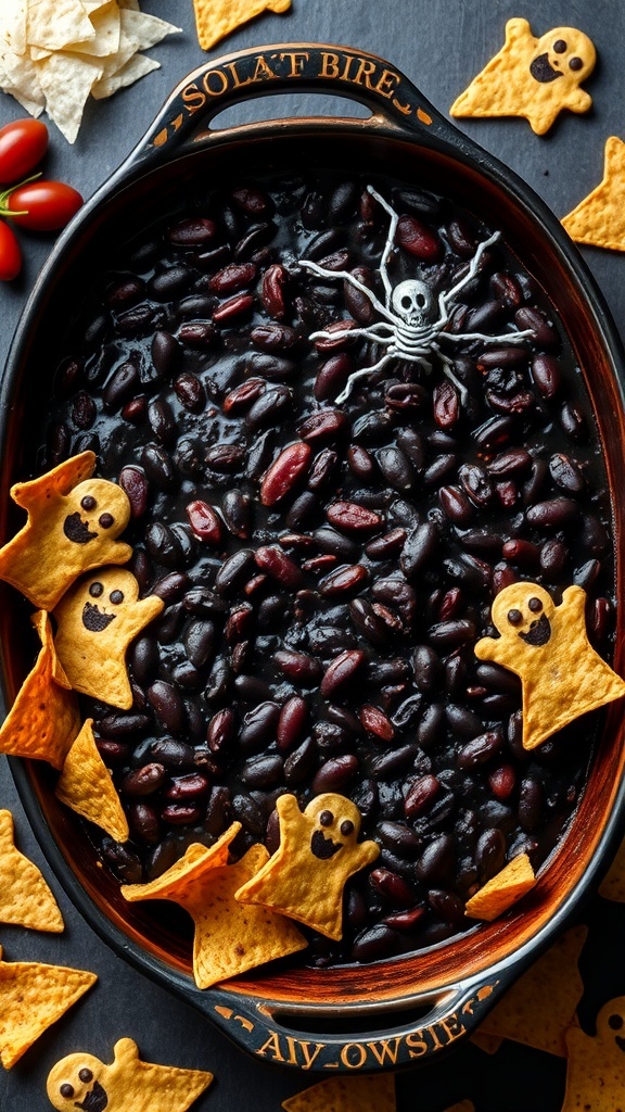 A Halloween-themed 7 layer bean dip featuring a spooky black bean layer, decorated with ghost-shaped tortilla chips and a plastic spider.