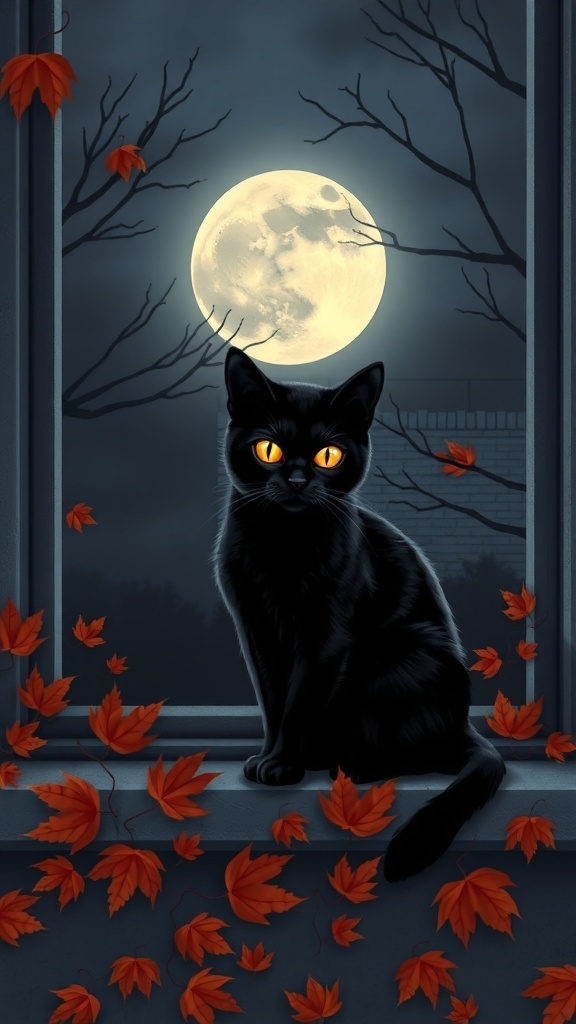 A black cat with glowing orange eyes sitting on a windowsill under a full moon, surrounded by autumn leaves.