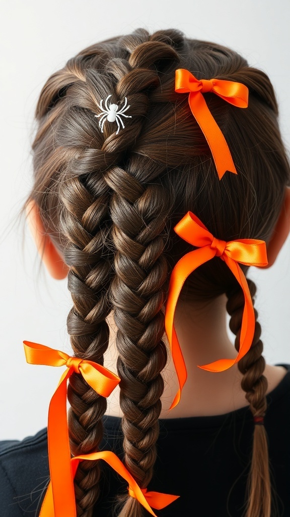 A hairstyle featuring multiple braids adorned with orange ribbons and a spider clip.