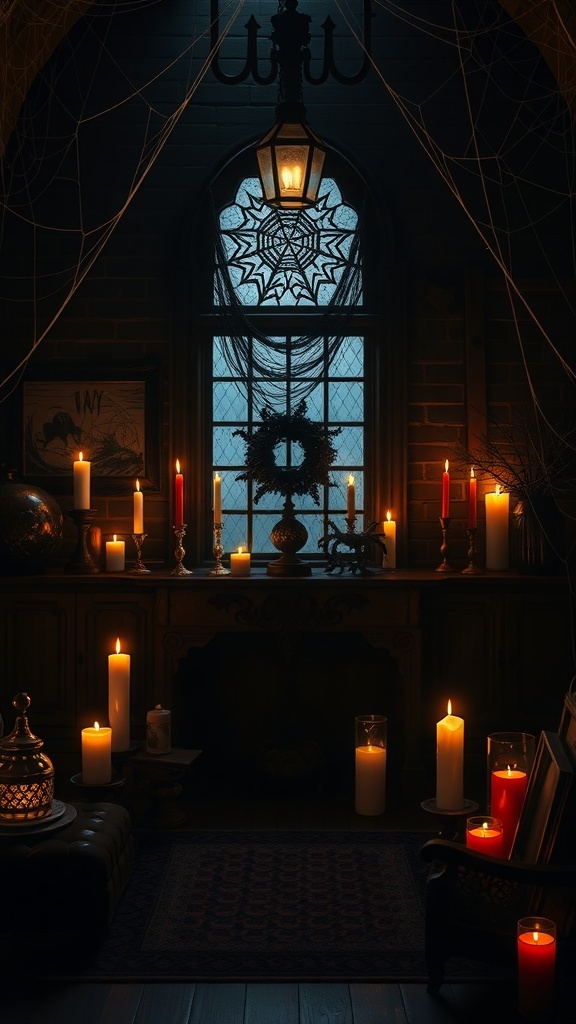 A dimly lit room with candles of various heights, a spiderweb design on the window, and a wreath, creating a spooky Halloween atmosphere.