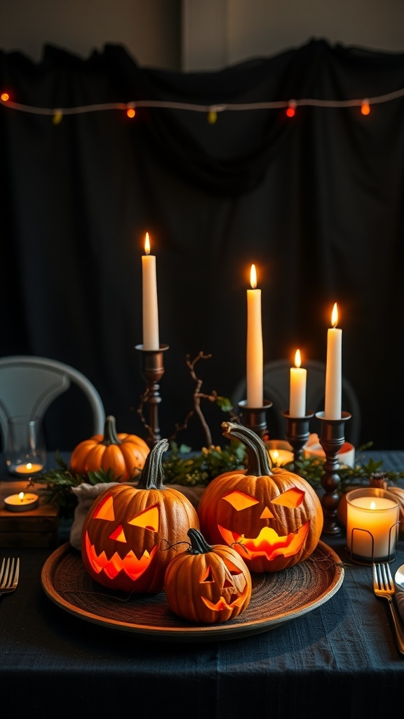 Halloween table centerpiece with carved pumpkins and candles
