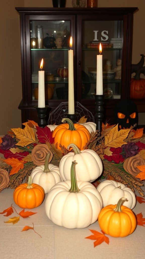 A Halloween kitchen centerpiece featuring white and orange pumpkins, candles, and autumn leaves.