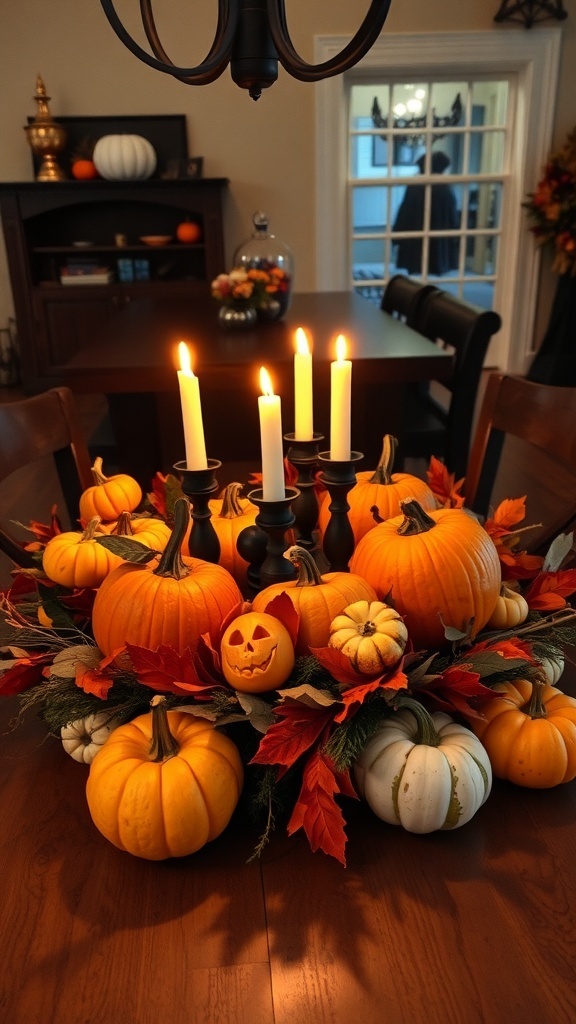A Halloween centerpiece featuring various pumpkins, candles, and autumn leaves on a kitchen table.