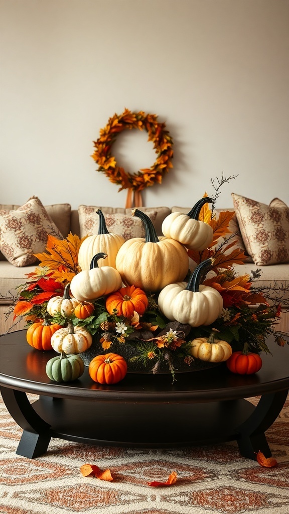 A cozy living room with a pumpkin centerpiece and autumn decor.