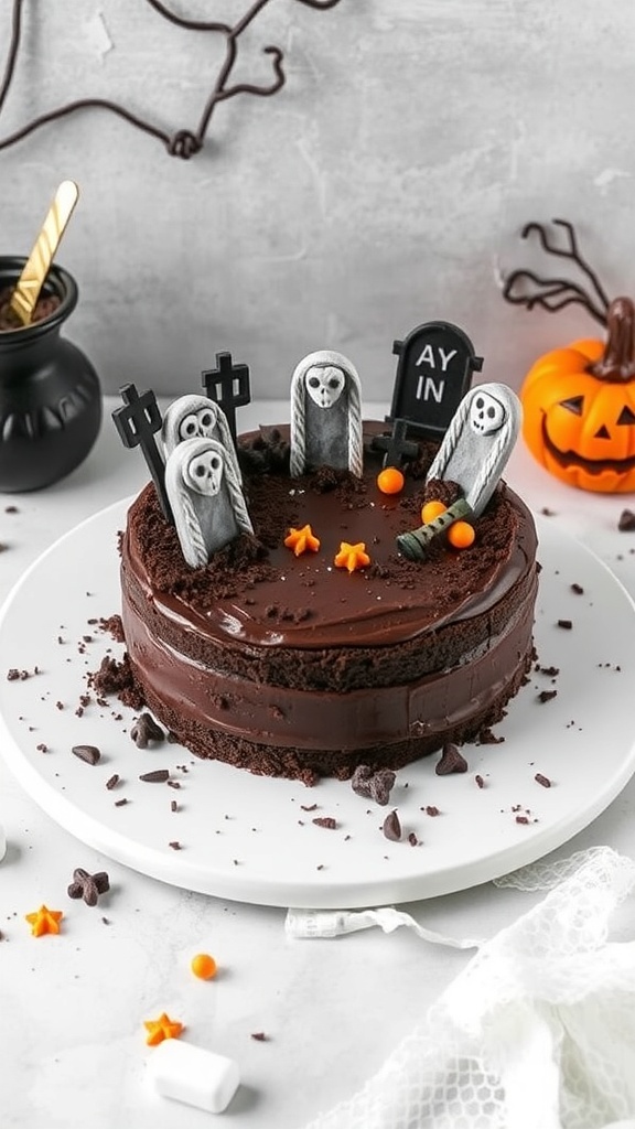 A spooky chocolate graveyard cake decorated with tombstones and ghosts for Halloween.
