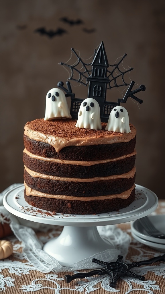 A spooky chocolate layer cake decorated with white chocolate ghosts and a haunted house on top.