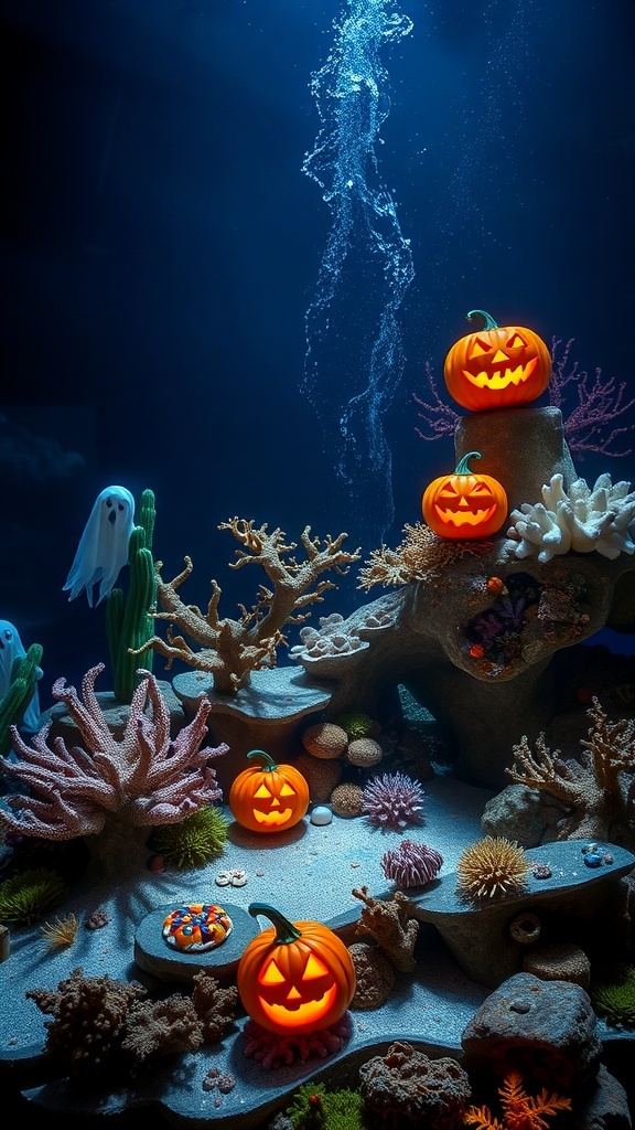 Underwater Halloween scene with glowing jack-o'-lanterns and coral decorations