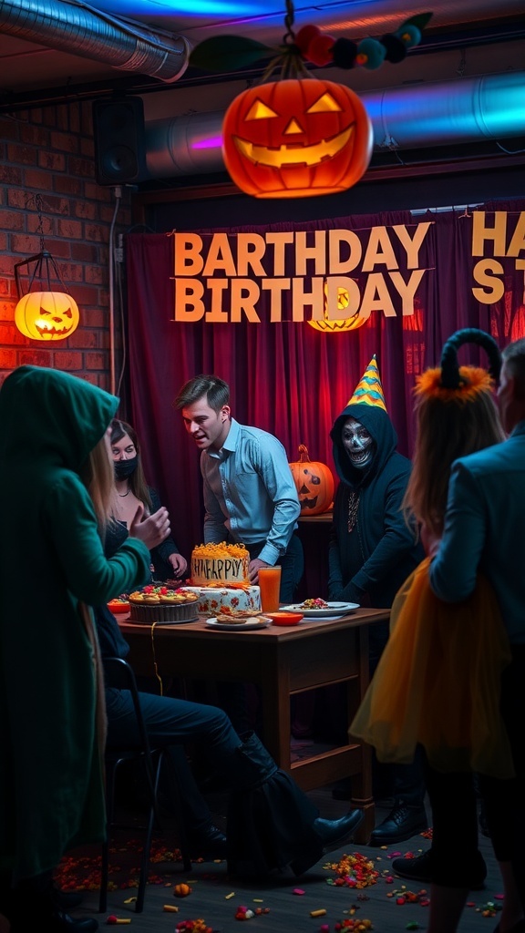 A lively Halloween-themed birthday party with guests in costumes, a festive cake, and jack-o'-lantern decorations.