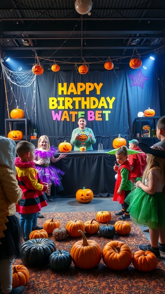 Children in colorful costumes at a Halloween birthday party with pumpkins and decorations.
