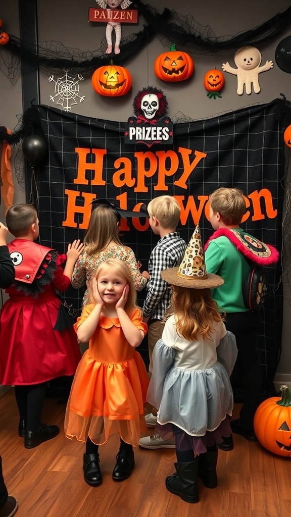 Children in costumes at a Halloween-themed birthday party, excited for a costume contest.