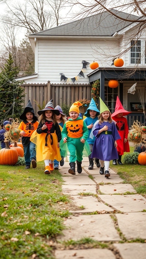A group of children in colorful Halloween costumes walking down a path surrounded by pumpkins and decorations.