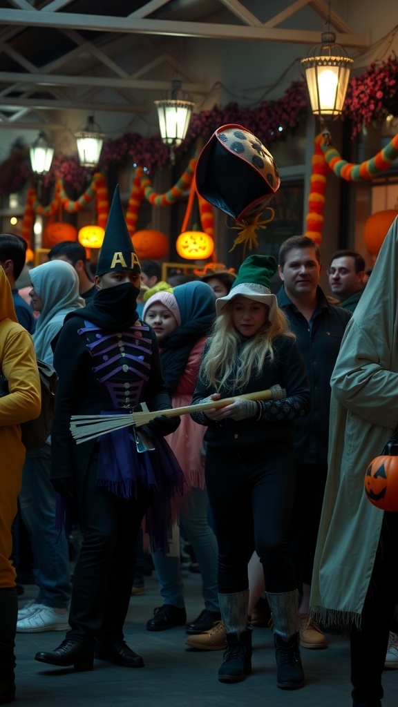 A crowd in Halloween costumes, featuring a witch and a spooky character, with festive decorations in the background.