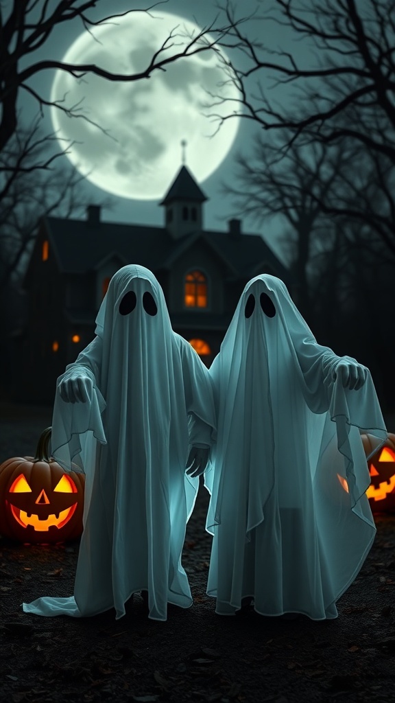Two people dressed as ghosts standing in front of a spooky house with a full moon and jack-o'-lanterns.