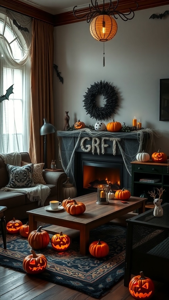 A cozy living room decorated for Halloween with carved pumpkins, spider webs, and a decorative wreath.