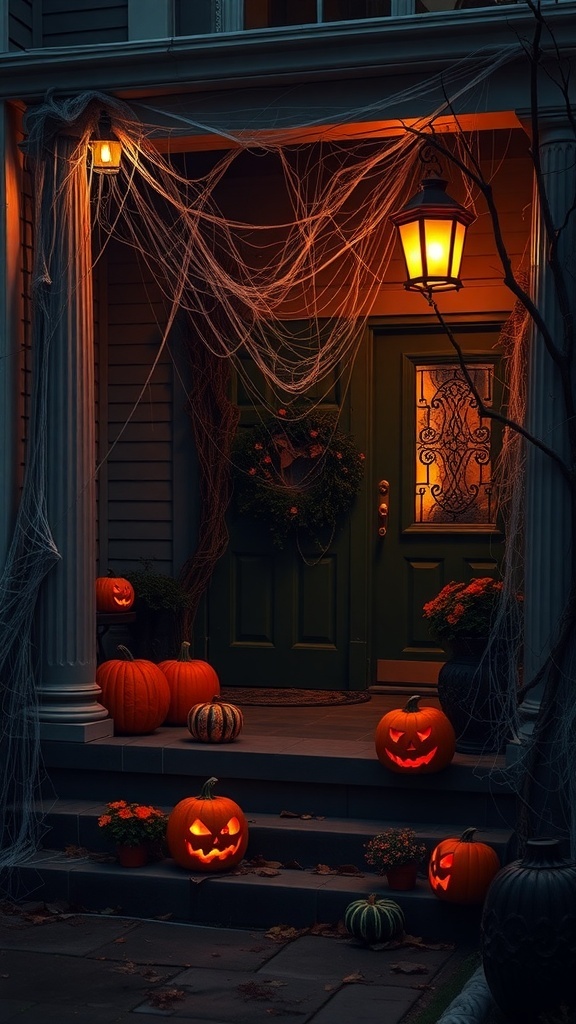 A spooky Halloween entrance with jack-o'-lanterns, spider webs, and a glowing lantern.