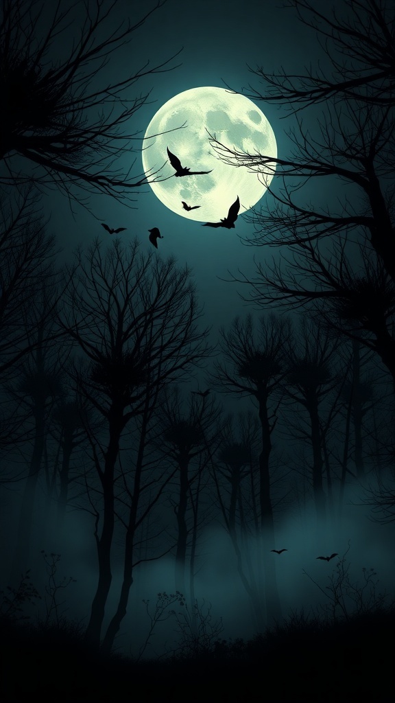 A spooky forest at midnight with a full moon and bats flying in the sky.