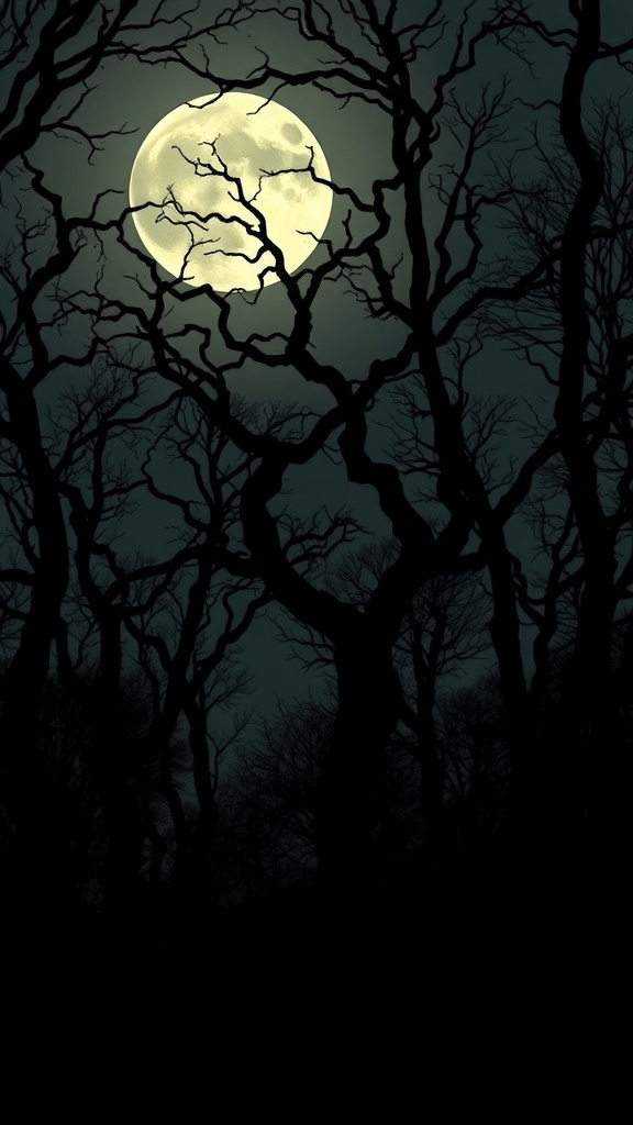 Spooky forest silhouettes with a full moon in the background