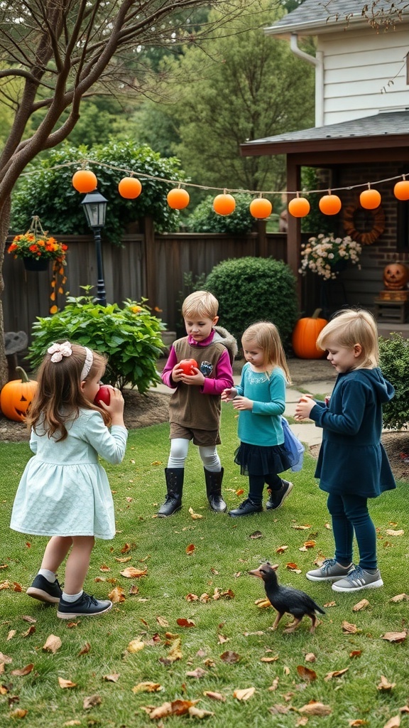 Children playing outdoors at a Halloween birthday party, holding apples and surrounded by festive decorations.