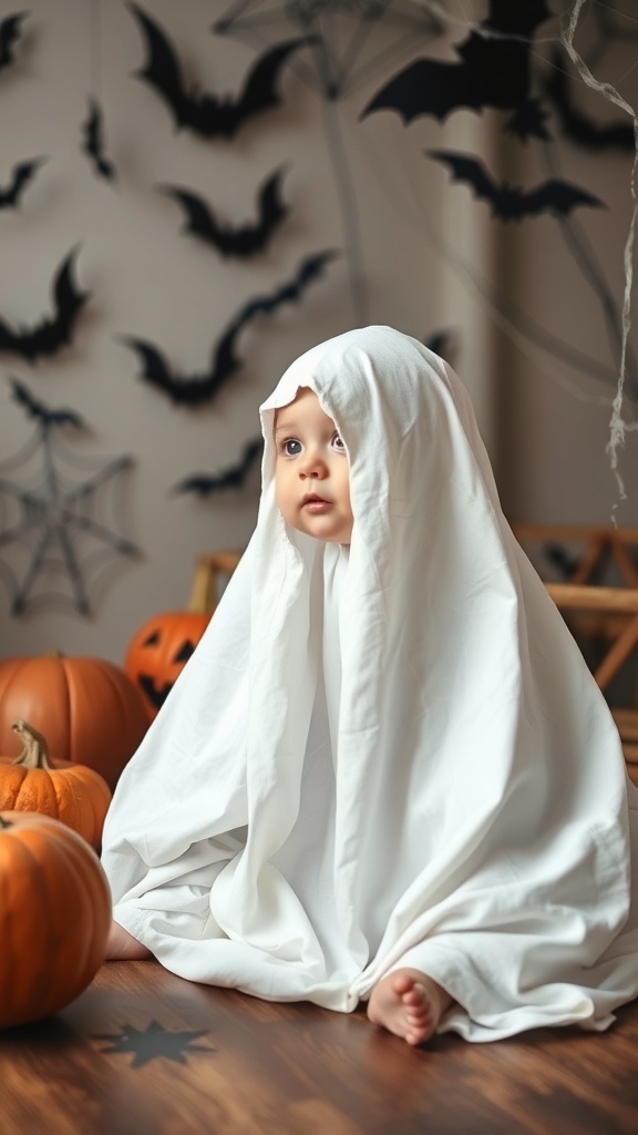 A baby in a ghost costume made from a white sheet, sitting among pumpkins and Halloween decorations.