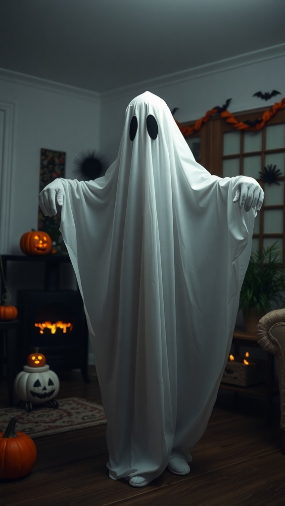 A person in a ghost costume made from a white sheet, with black eye holes, standing in a decorated room with pumpkins and Halloween decorations.