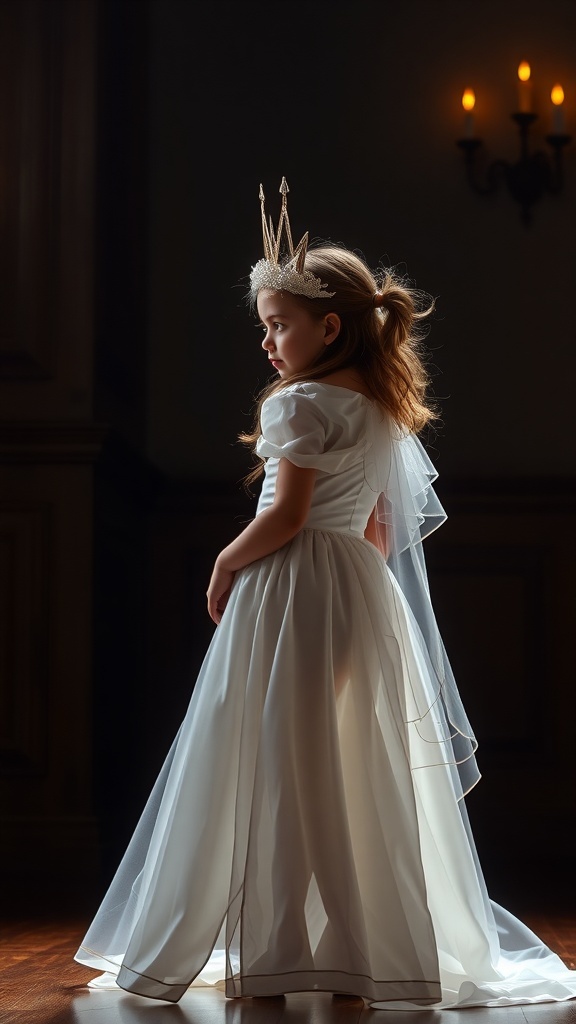 A young girl in a white ghost princess outfit with a crown, standing in a dimly lit room.