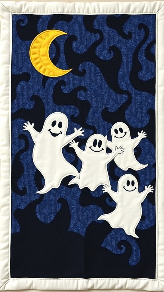 A quilt block featuring four cheerful ghosts on a dark blue background with a yellow crescent moon.