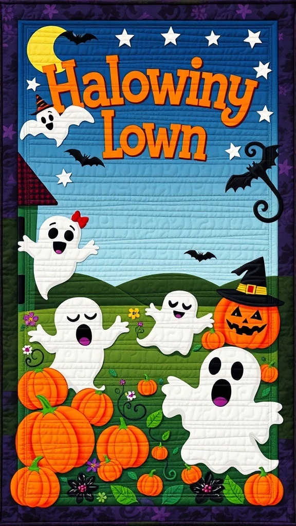 A colorful Halloween quilt panel featuring cheerful ghosts, pumpkins, and bats.