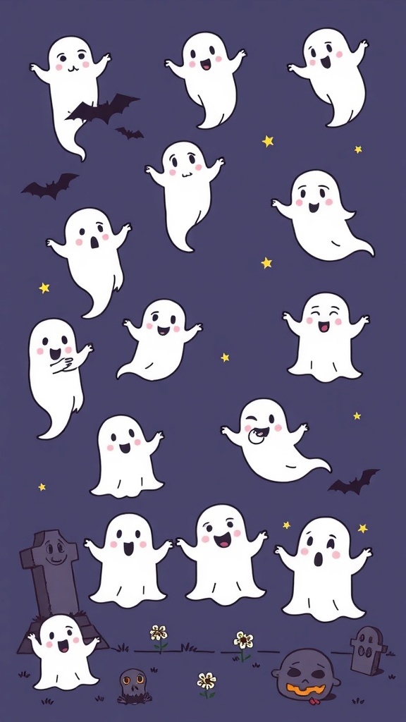 A collection of cute ghost doodles on a purple background, featuring various expressions and playful poses, along with bats and stars.