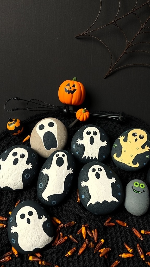 A collection of painted rocks featuring spooky ghost designs, with small pumpkins and a spider web in the background.