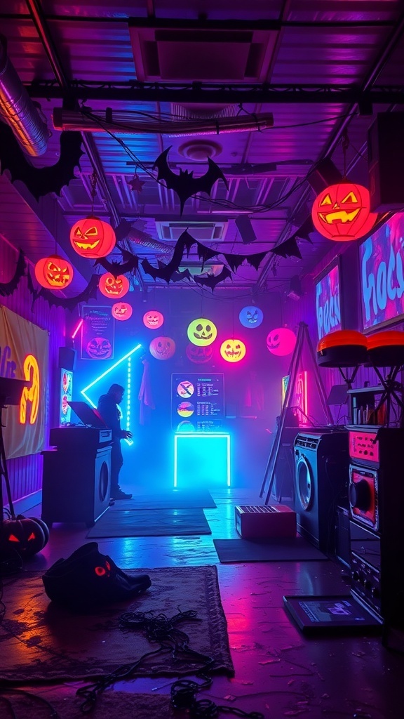 A vibrant Halloween rave scene with glow-in-the-dark decorations, including jack-o'-lanterns and bats, illuminated by neon lights.