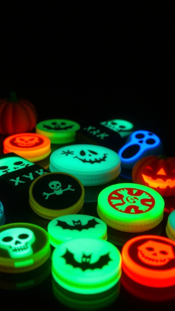A colorful assortment of glow-in-the-dark Halloween treats featuring skulls, bats, and pumpkins.