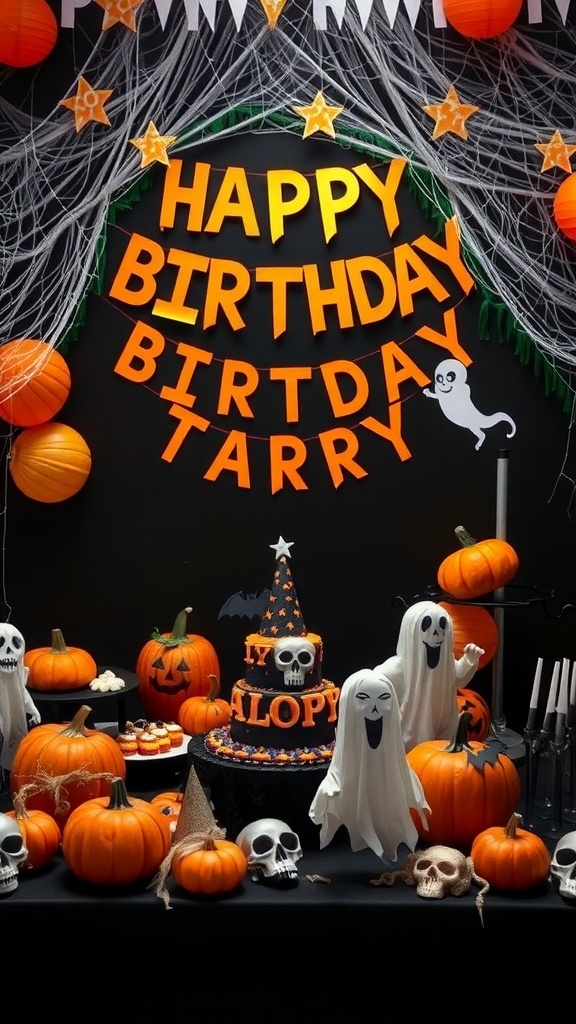A Halloween-themed birthday party setup with pumpkins, a cake, and ghost decorations.