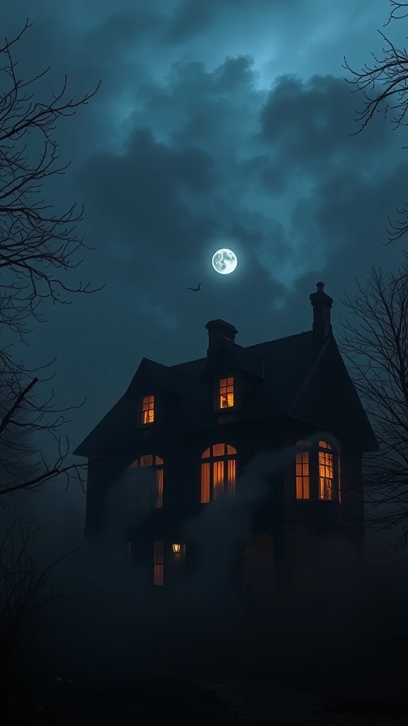 A spooky haunted house at dusk with glowing windows and a full moon.