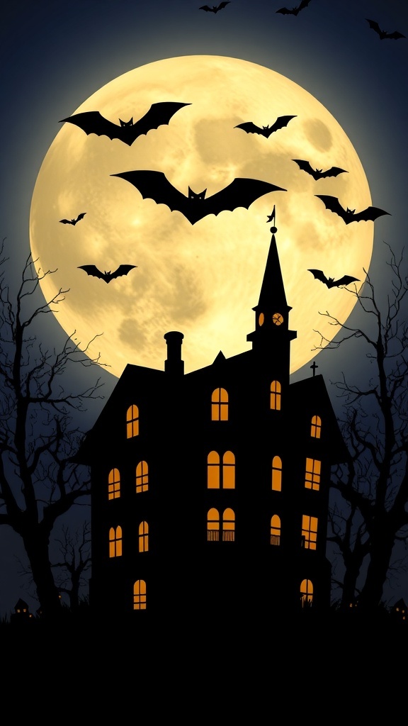 Silhouette of a haunted house with bats flying in front of a full moon