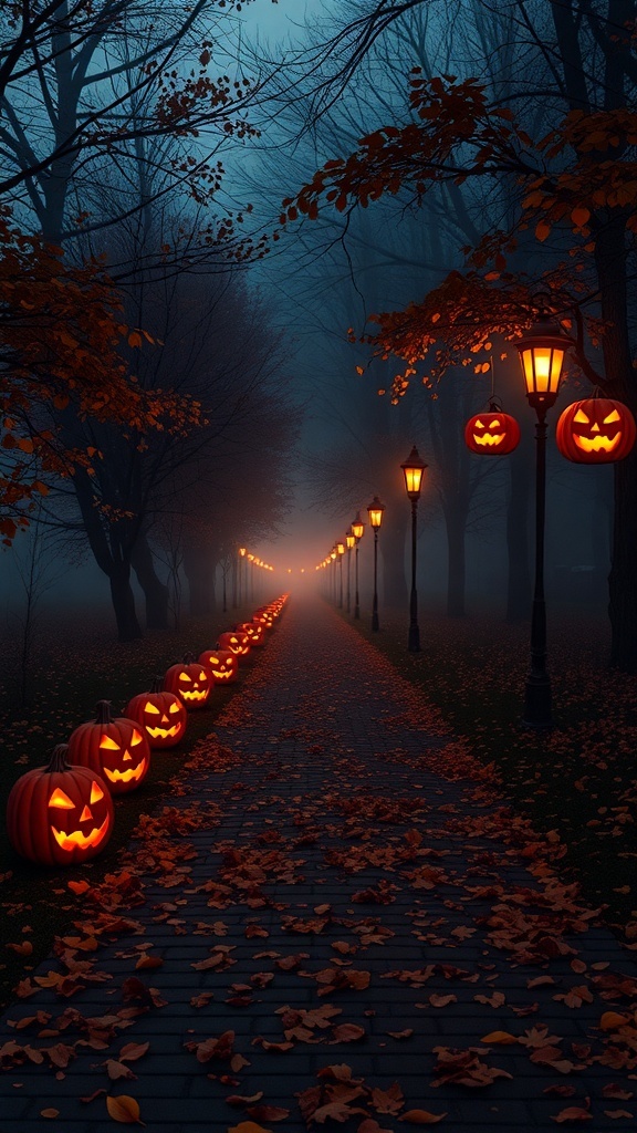 A spooky illuminated pathway lined with jack-o'-lanterns and lanterns in a foggy setting.