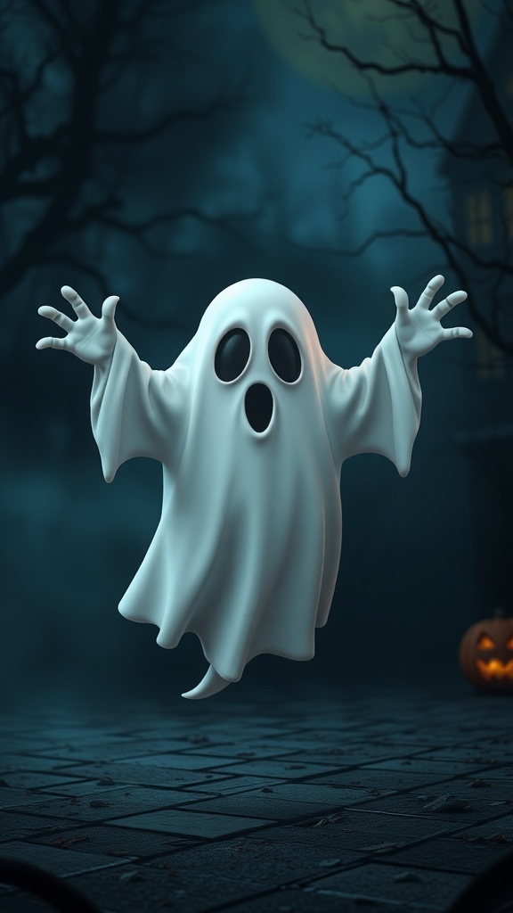 A playful ghost floating in a spooky atmosphere with trees and a pumpkin