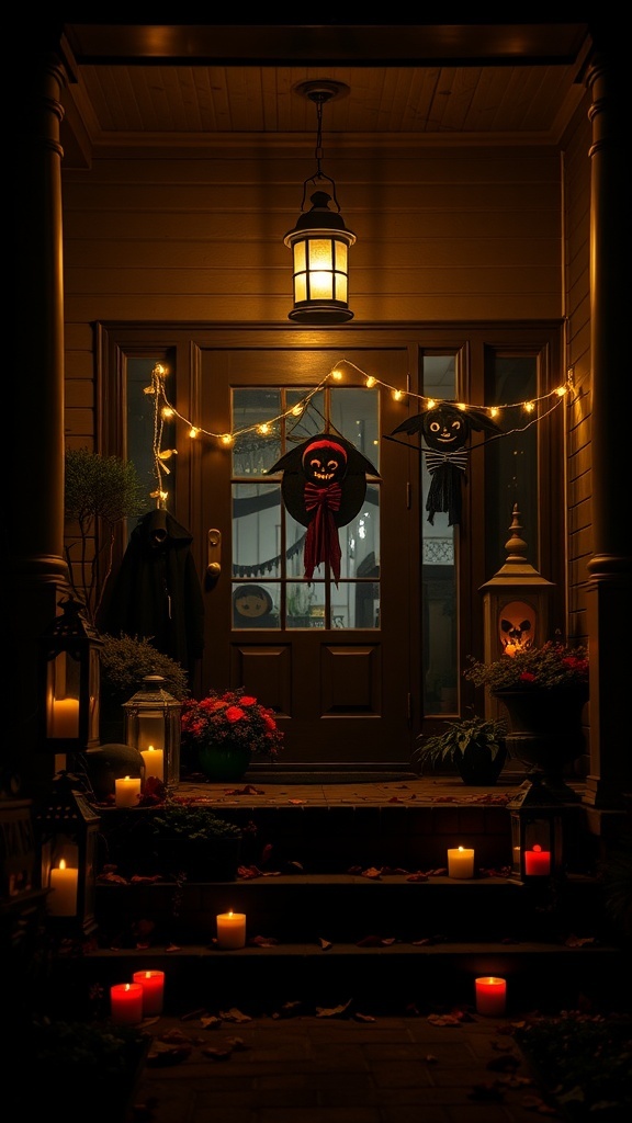 A Halloween-themed porch with a lantern, candles, and spooky decorations.