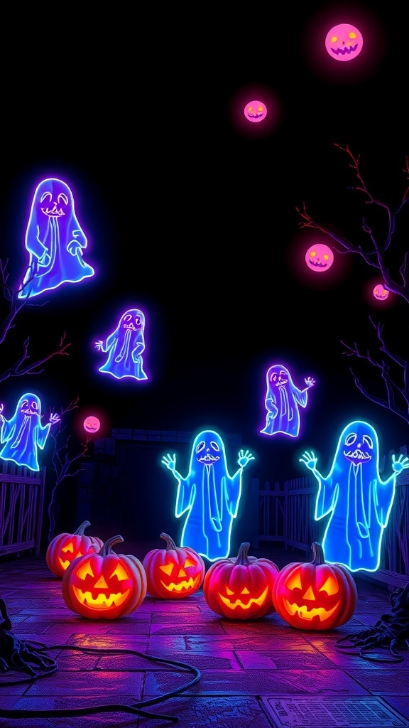 A colorful Halloween scene with neon ghosts and glowing pumpkins