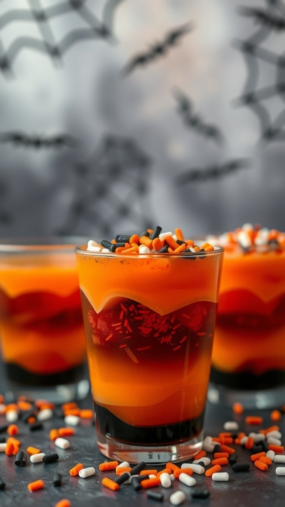 Spooky orange and black jello shots with sprinkles on a dark surface