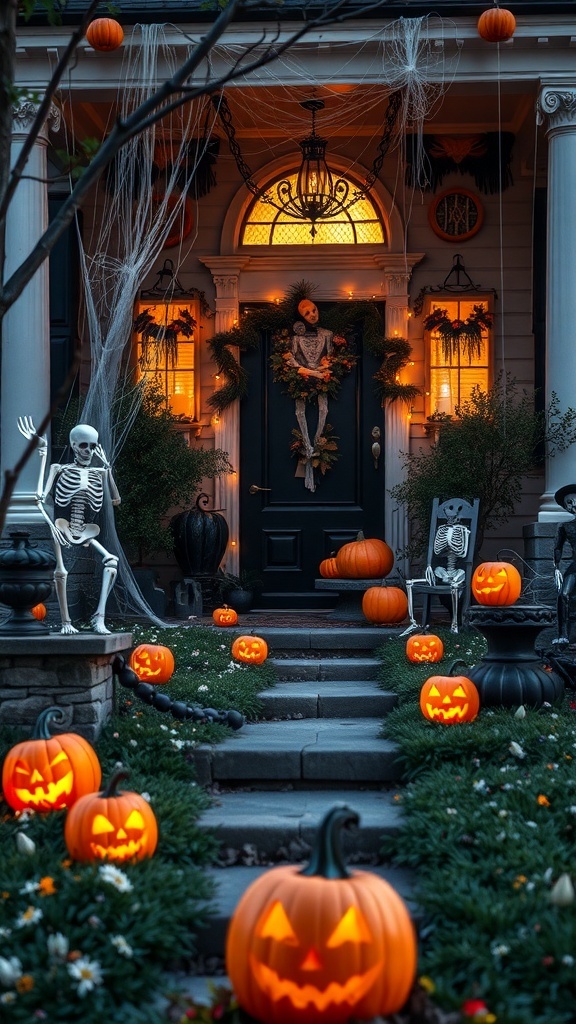 A spooky Halloween outdoor decoration featuring carved pumpkins, skeletons, and cobwebs.