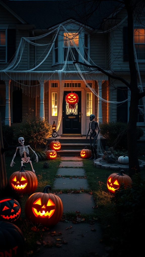 A decorated house for Halloween with jack-o'-lanterns, skeletons, and spider webs.